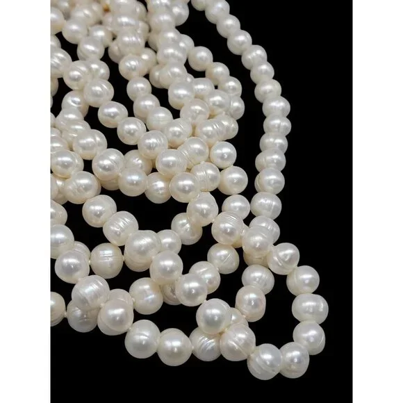 Freshwater Ringed Pearl Necklace 80" Glowing Bridal White 9mm-10mm Free Form